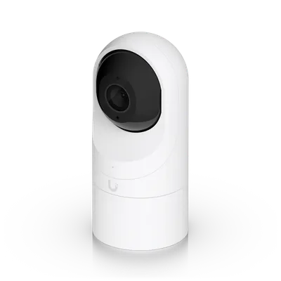 UniFi G3 Flex Kamera mit professioneller Wandhalterung, weiße Überwachungskamera mit schwarzem Objektiv vor schwarzem UniFi G3 Flex Kamera mit professioneller Wandhalterung, weiße Überwachungskamera mit schwarzem Objektiv vor schwarzem