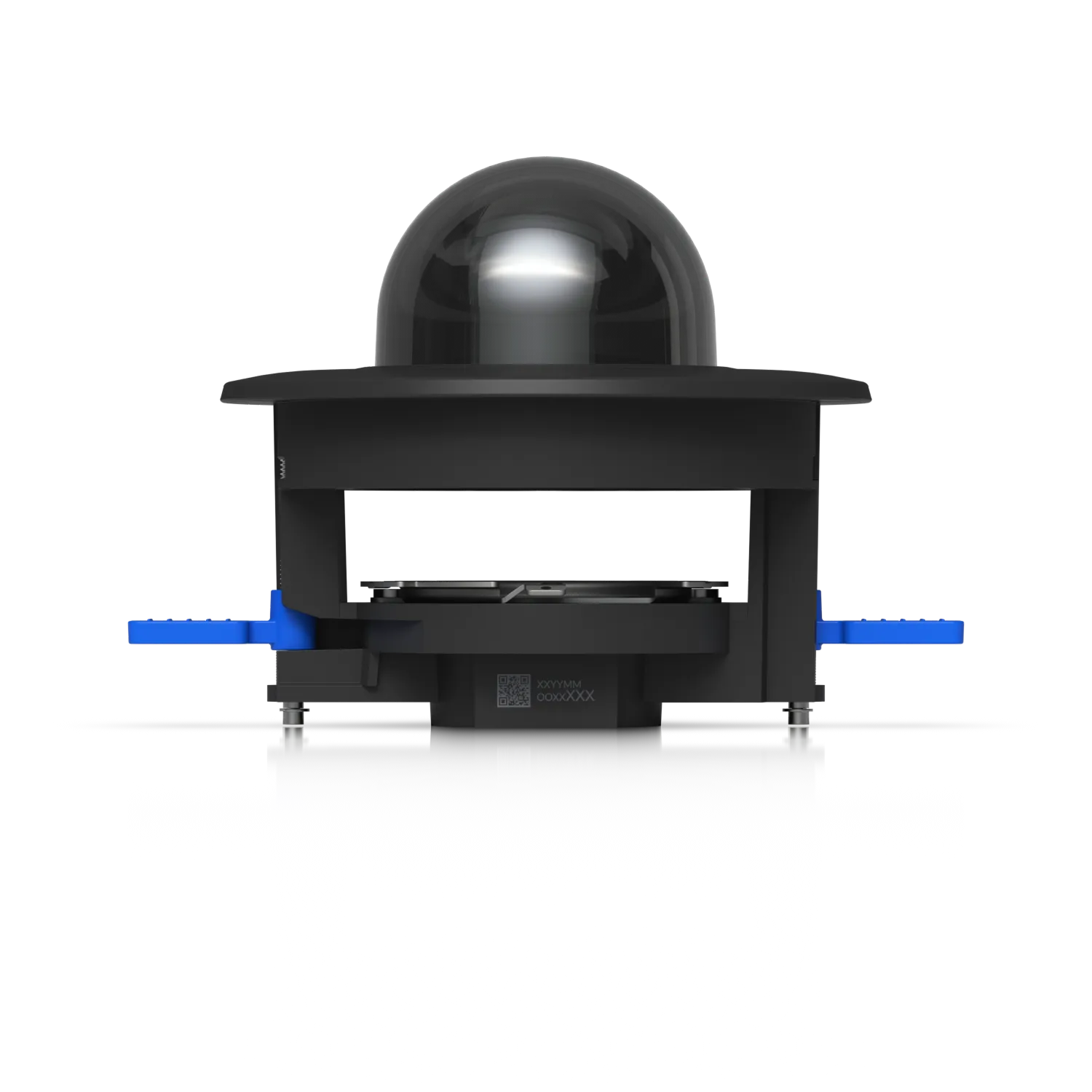 Ubiquiti UACC-G5-Dome-Ultra-FM-SB-B Halterung mit rauchgrauer Kuppelkamera in Seitenansicht, blauen Montagearmen und