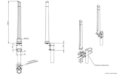 Poynting A-OMNI-0494-V1-01 weiße 4x4 Marine-Wi-Fi/5G-Omniantenne mit 9,8dBi, technische Zeichnung mit Maßen und Poynting A-OMNI-0494-V1-01 weiße 4x4 Marine-Wi-Fi/5G-Omniantenne mit 9,8dBi, technische Zeichnung mit Maßen und