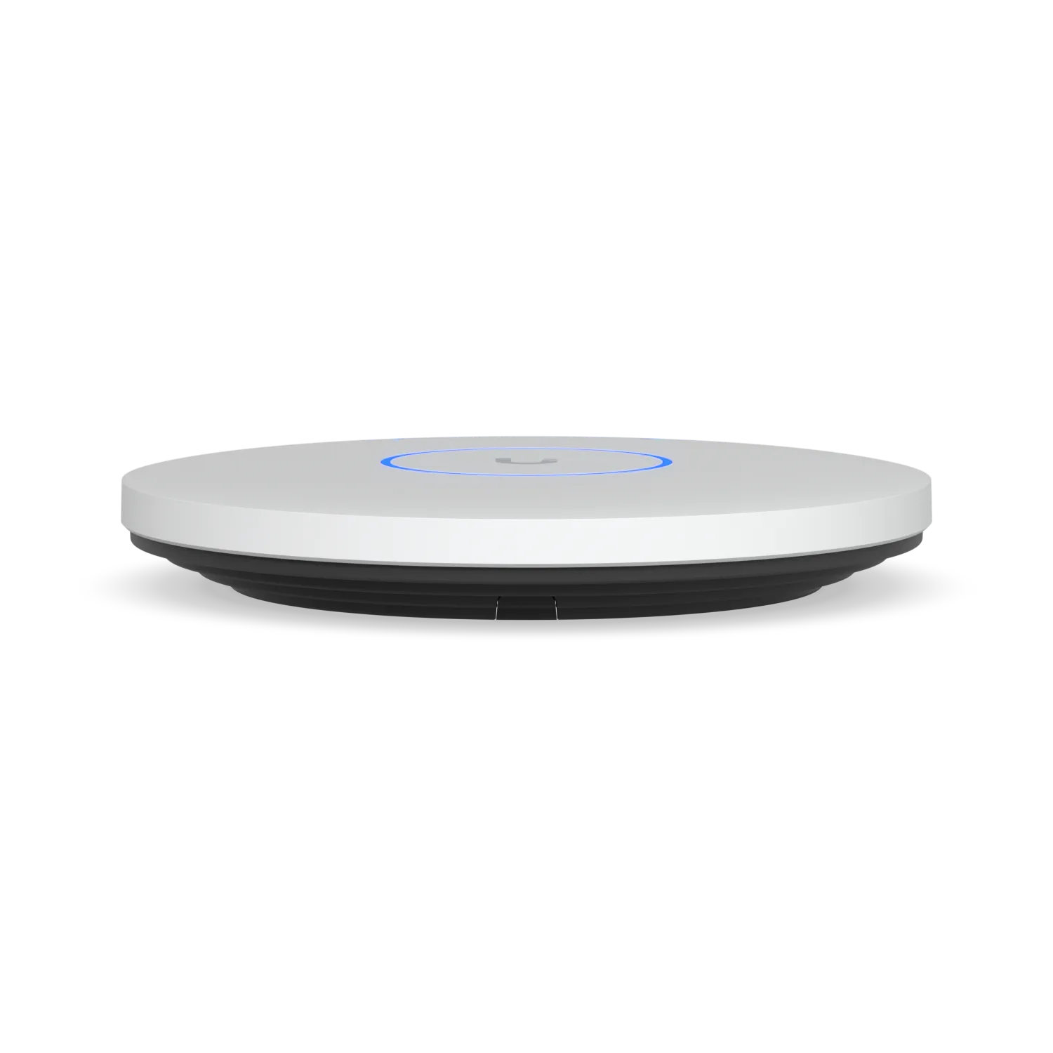 Ubiquiti UniFi AP U7-PRO XGS access point with black base and blue LED ring on white disc-shaped design against a white Ubiquiti UniFi AP U7-PRO XGS access point with black base and blue LED ring on white disc-shaped design against a white