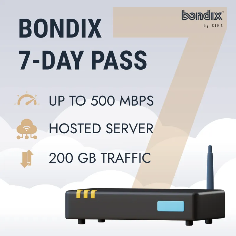 Bondix Hosted Essential 7-Tage-Pass mit schwarzem Router, blauer Status-LED und 500 Mbit/s, 200 GB Traffic für schnelles