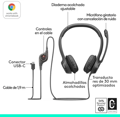 Auriculares Logitech H390 USB-C con micrófono giratorio, diadema ajustable y controles en cable para uso en PC o Chromebook. Auriculares Logitech H390 USB-C con micrófono giratorio, diadema ajustable y controles en cable para uso en PC o Chromebook.