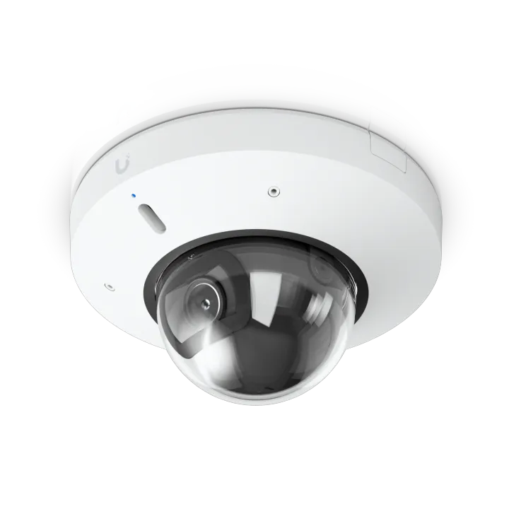 Ubiquiti UVC-G6-Mini-Dome-W Überwachungskamera weiße Kuppel mit Glaslinse und blauem LED-Statuslicht auf schwarzem