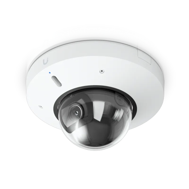 Ubiquiti UVC-G6-Mini-Dome-W Überwachungskamera weiße Kuppel mit Glaslinse und blauem LED-Statuslicht auf schwarzem