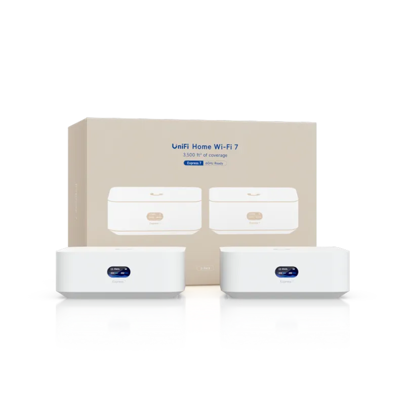 Consola UniFi Express 7 con dos dispositivos blancos y pantalla frontal junto a su caja de Wi-Fi 7 para cobertura de 350 m²