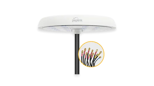 Mobility 82G 11-in-1 Antenne mit GPS-Empfänger, weiße Scheibenform, Kabelbündel mit farbigen Steckern, technische