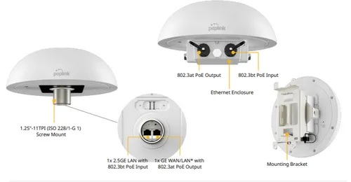 Router outdoor Peplink Dome Pro Duo dual 5G con custodia IP67, montaggio a vite, porte PoE e staffa di fissaggio per
