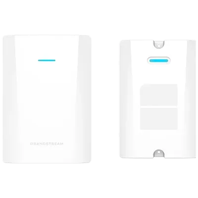 Grandstream GWN7672WM Tri-Band-WLAN-Access-Point Vorder- und Rückansicht mit LED und Montageoptionen auf schwarzem Grandstream GWN7672WM Tri-Band-WLAN-Access-Point Vorder- und Rückansicht mit LED und Montageoptionen auf schwarzem