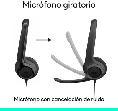 Auriculares Logitech H390 USB-C negros con micrófono giratorio de cancelación de ruido en posición vertical y horizontal. Auriculares Logitech H390 USB-C negros con micrófono giratorio de cancelación de ruido en posición vertical y horizontal.