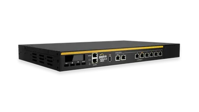 Сетевой маршрутизатор Peplink Balance 580X в чёрном корпусе с жёлтой полосой, консольным и USB-портами, несколькими