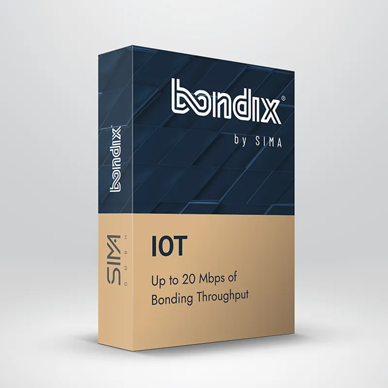 Bondix IoT 20 Mbps 12-month plan box with dark blue and tan design showing bonding throughput for reliable connectivity.