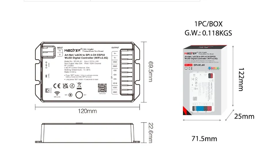Synergy 21 Pixel LED Controller SPI-Serie Art-Net / sACN to SPI 4-CH ESP32WLED Digital Controller (WiFi+2.4G) *Milight/Miboxer*