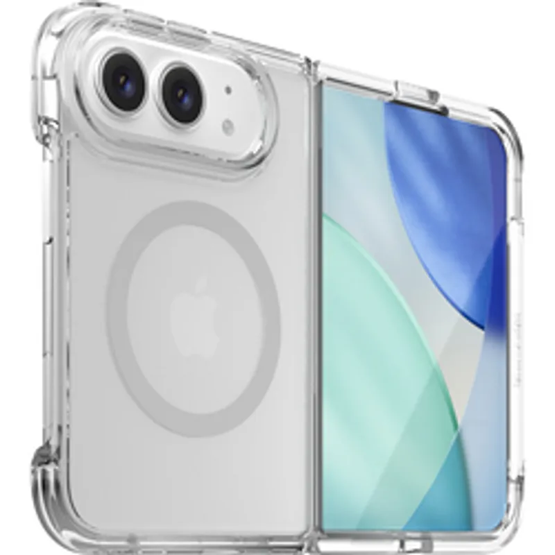 Прозрачный чехол OtterBox Lumen Clear для iPhone Duo на белом смартфоне с видимым двойным модулем камеры и кольцом MagSafe.