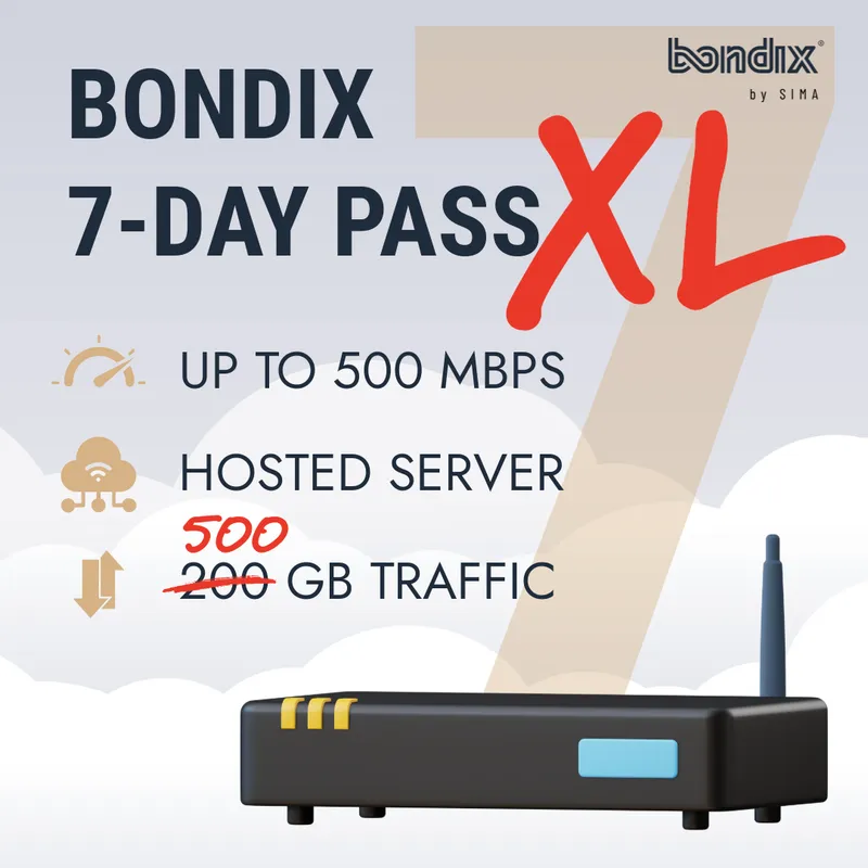 Маршрутизатор Bondix Hosted Essential 7-Day Pass XL с антенной и синим индикатором на фоне облаков с тарифом до 500 Мбит/с