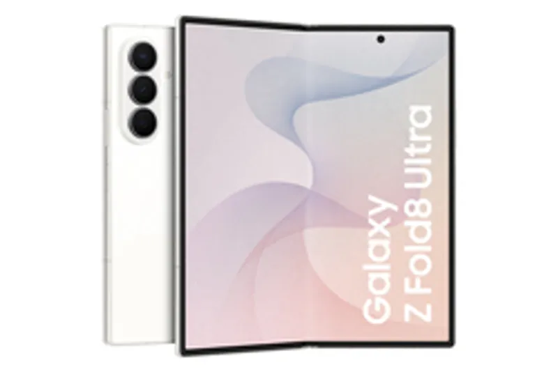 Samsung Galaxy Z Fold8 Ultra 5G 512GB bianco in doppia vista: retro con tripla fotocamera e schermo aperto su sfondo