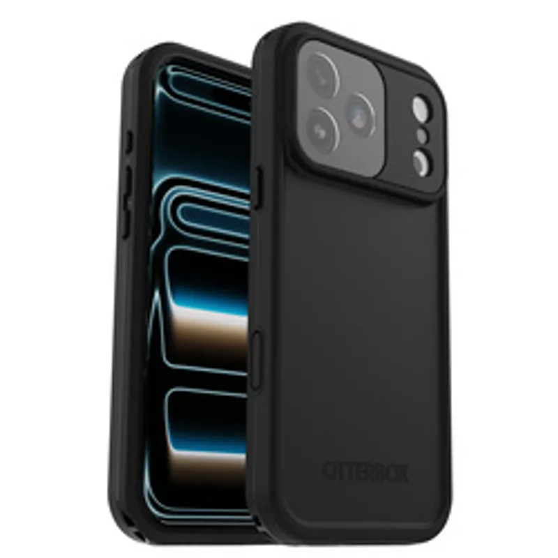 OtterBox Fre MagSafe Cam C iPhone 18/17 Pro Max schwarze Handyhülle mit Kameraumrandung und OTTERBOX-Prägung in 3/4-Ansicht.