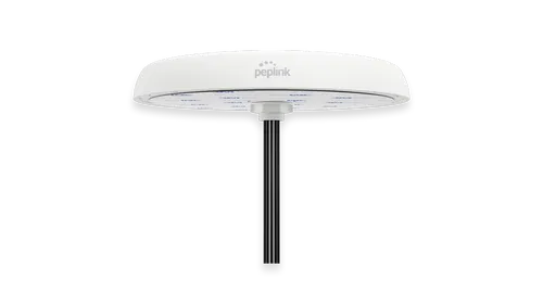 Mobility 82G 11-in-1 Antenne mit GPS-Empfänger, weiße Scheibenform mit Peplink-Logo und Anschlussports, montiert auf