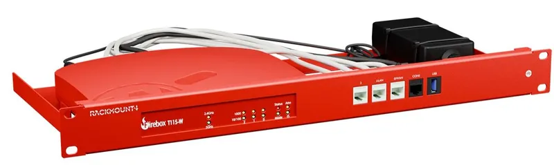 Rackmount.IT Kit für WatchGuard T115-W mit Firebox-Gehäuse, Status-LEDs, Ethernet- und USB-Anschlüssen sowie Netzteil und
