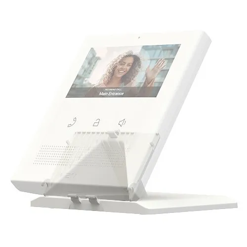 Accessoire 2N Clip Tischhalter pour interphone vidéo blanc affichant un appel entrant avec écran tactile et support de