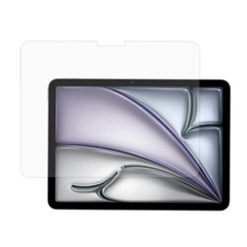 Защитное стекло 4smarts Second Glass для iPad Air 11" над чёрным планшетом с абстрактным фиолетово-серебристым фоном на
