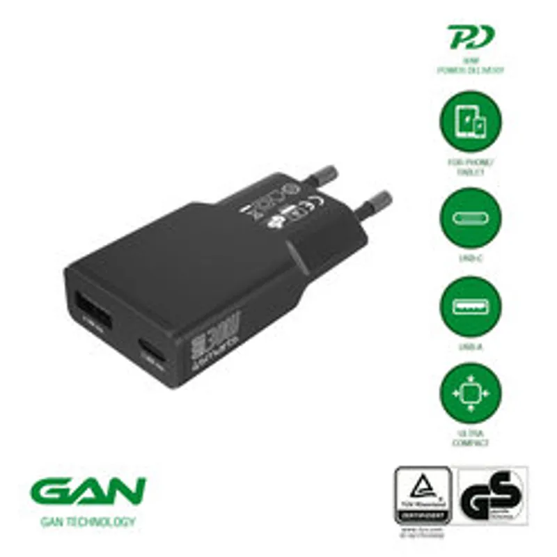 Cargador de pared 4smarts PDPlug Slim Duos 30W GaN negro con puertos USB-C y USB-A, tecnología GaN, compacto y certificado