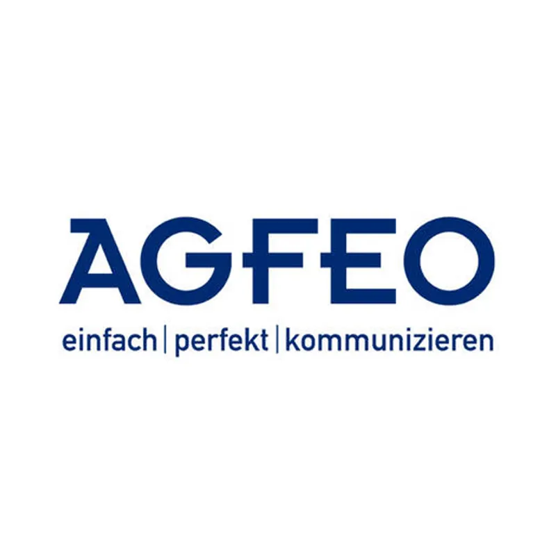 AGFEO logo in dark blue with brand name and German tagline einfach perfekt kommunizieren on white background