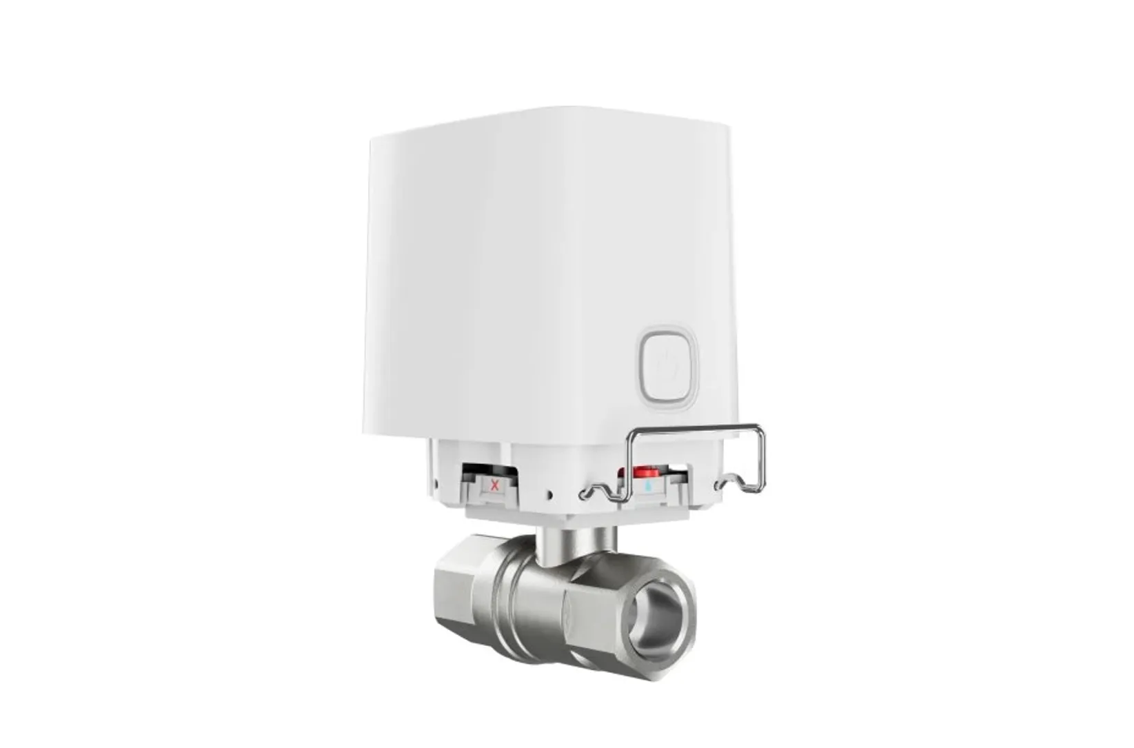 AJAX Automate WaterStop 3/4 Zoll weißer intelligenter Wasserabsperrhahn mit Knopf, Statusanzeigen und Metallventil an einer AJAX Automate WaterStop 3/4 Zoll weißer intelligenter Wasserabsperrhahn mit Knopf, Statusanzeigen und Metallventil an einer