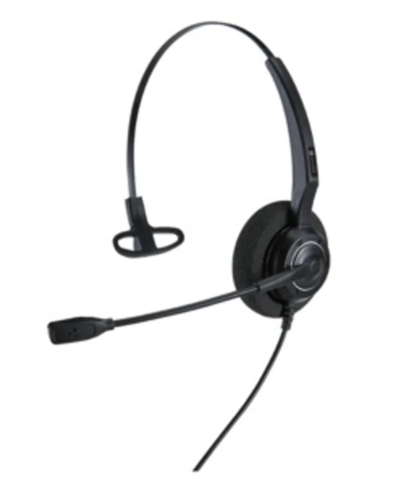 ALE Alcatel AH 11 U USB-Headset mit schwarzem Ohrhörer, Metallbügel und verstellbarem Mikrofon für professionelle Telefonie.