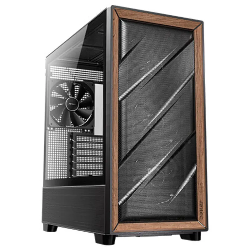 Antec Geh Mid FLUX E-ATX/ATX/M-ATX/ITX Gehäuse mit Holzoptik-Frontrahmen, silbernen Diagonalstreifen,