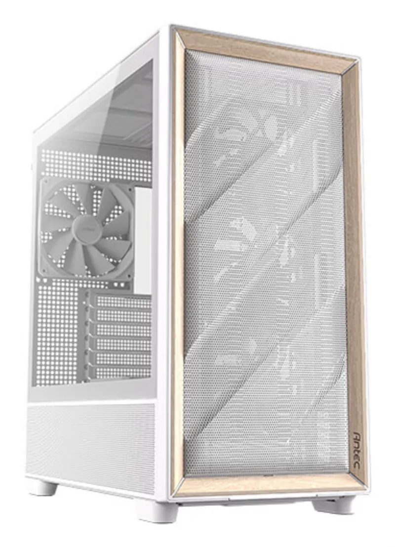 Antec Geh Mid FLUX weißes Gehäuse mit Holzrahmen-Meshfront, Glas-Seitenpanel und sichtbarem weißen Lüfter im