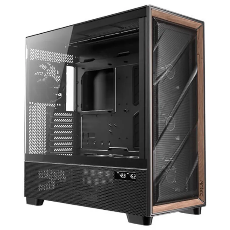 Antec Geh Full FLUX PRO Gehäuse mit Glas-Seitenpanel und Mesh-Front für E-ATX ATX M-ATX ITX Mainboards in Schwarz.