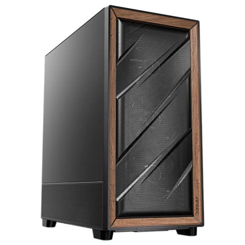 Case Antec Geh Mid FLUX SE nero con pannello frontale a rete diagonale e cornice effetto legno, vista frontale-laterale