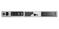 APC USV SMT1500RMI1U Smart-UPS 1500VA rackmount UPS rear view with power input, four output sockets, ventilation grille, APC USV SMT1500RMI1U Smart-UPS 1500VA rackmount UPS rear view with power input, four output sockets, ventilation grille,