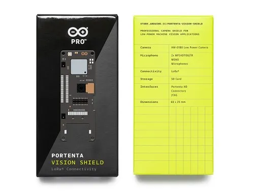 Arduino Portenta Vision Shield LoRa mit schwarzer Produktbox und gelber Spezifikationsnotiz für industrielle Arduino Portenta Vision Shield LoRa mit schwarzer Produktbox und gelber Spezifikationsnotiz für industrielle