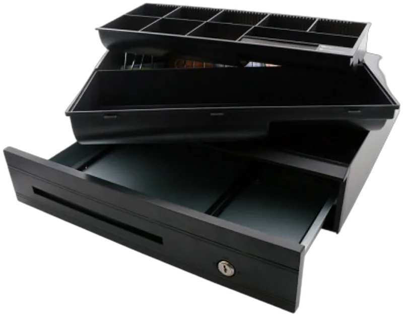 Kasse Metall-Kassenlade AC4250 , 8 Münz-, 5 Scheinfächern, Kunststofffront, DC24V RJ12 mit Micro Switch, Schwarz