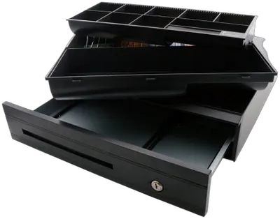 Kasse Metall-Kassenlade AC4250 , 8 Münz-, 5 Scheinfächern, Kunststofffront, DC24V RJ12 mit Micro Switch, Schwarz