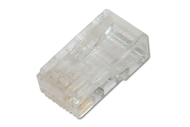 Fiche modulaire CAT 6 8P8C non blindée pour câble rond en deux parties visible en plastique transparent montrant les