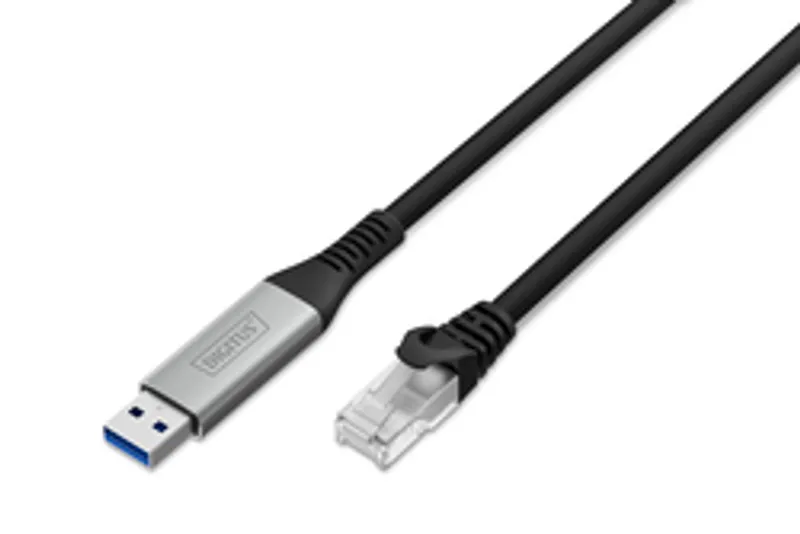 DIGITUS USB 3.2 auf RJ45 Ethernet-Kabel 15 m mit blauem USB-A- und klarem RJ45-Stecker für 1Gbit/s Netzwerkverbindungen.