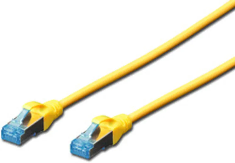 DIGITUS RJ45 SF/UTP Cat5e 5m yellow patch cable with transparent blue boots and metal shielding on white background.