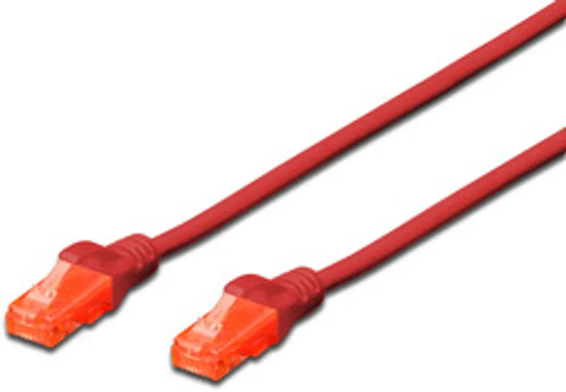 Câble réseau DIGITUS Cat6 U/UTP 1m rouge avec deux connecteurs RJ45 posé en diagonale sur fond blanc LSZH.