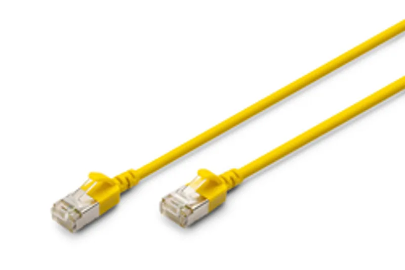 Cable de red DIGITUS CAT 6A F/FTP Slim amarillo de 1m con conectores RJ45 transparentes y protectores de tensión en fondo
