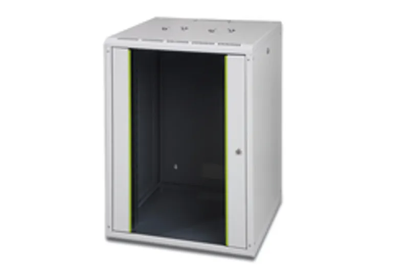 Серый настенный серверный шкаф DIGITUS 16HE 820x600x450мм с открытой дверцей и жёлто-зелёными полосами по краям для
