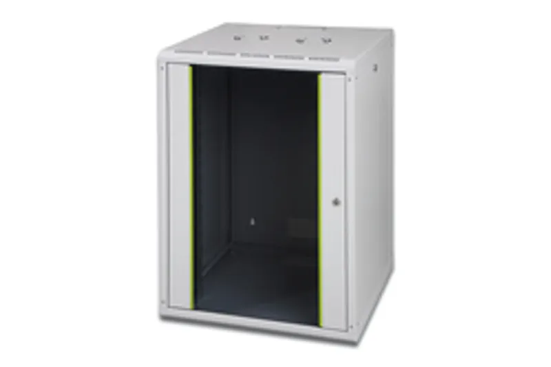 Armadio rack da parete DIGITUS 16HE 820x600x600mm grigio con porta anteriore aperta e fascia interna giallo-verde visibile.