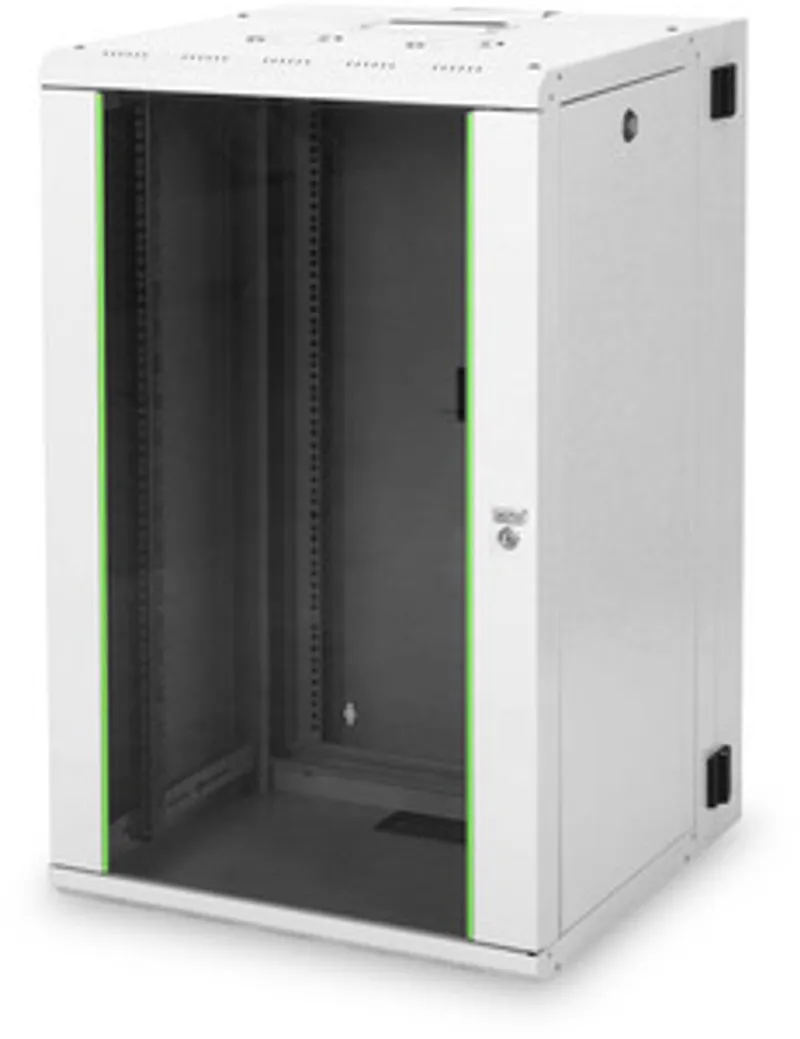 Armadio rack da parete DIGITUS 20HE grigio 998x600x600mm con porta anteriore aperta e guide interne per server in ambiente
