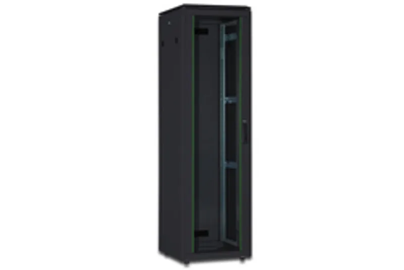 Black 32HE Digitus network cabinet with open front door showing 19-inch mounting rails, bottom fan, and ventilated side