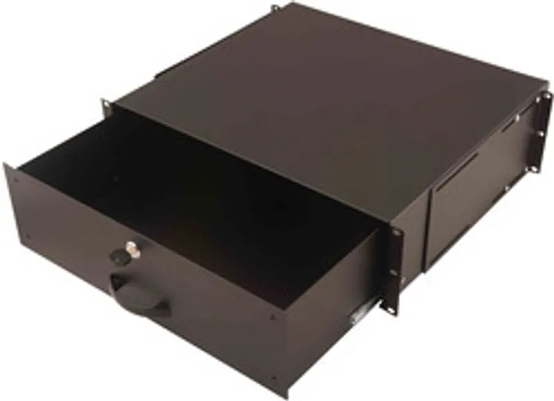 DIGITUS Schublade 3HE 483mm schwarz abschließbar mit halb geöffnetem Fach, silbernem Schlosszylinder und gebogener