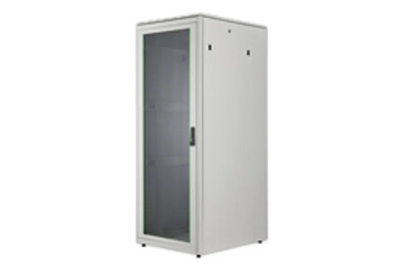 Armadio rack DIGITUS 42HE Unique Light 800x1000mm grigio con porta in vetro e pannelli laterali chiusi su sfondo bianco.