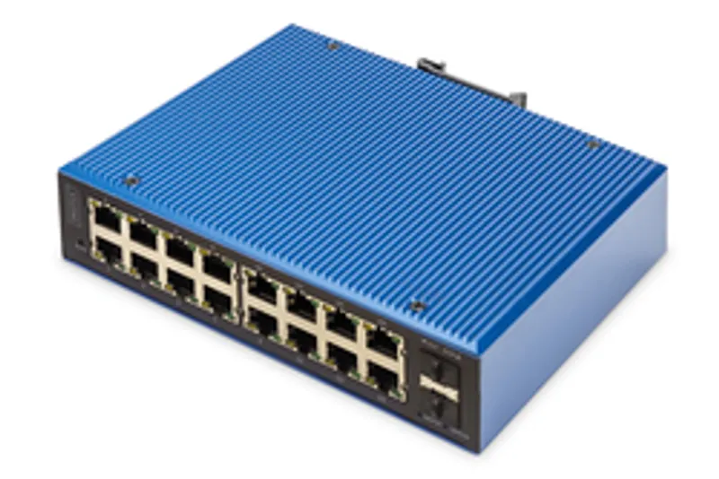 Switch DIGITUS 16+2 porte L2 managed Gigabit, dispositivo di rete blu con 16 porte RJ45 e 2 slot SFP verticali in primo