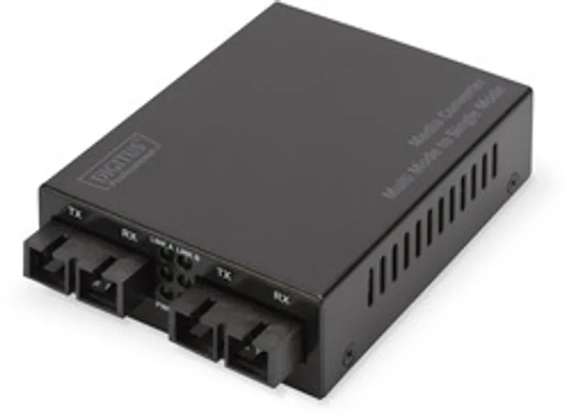 Медиаконвертер DIGITUS Gigabit Multimode/Singlemode SC/SC чёрного цвета с портами TX/RX и светодиодами на передней панели