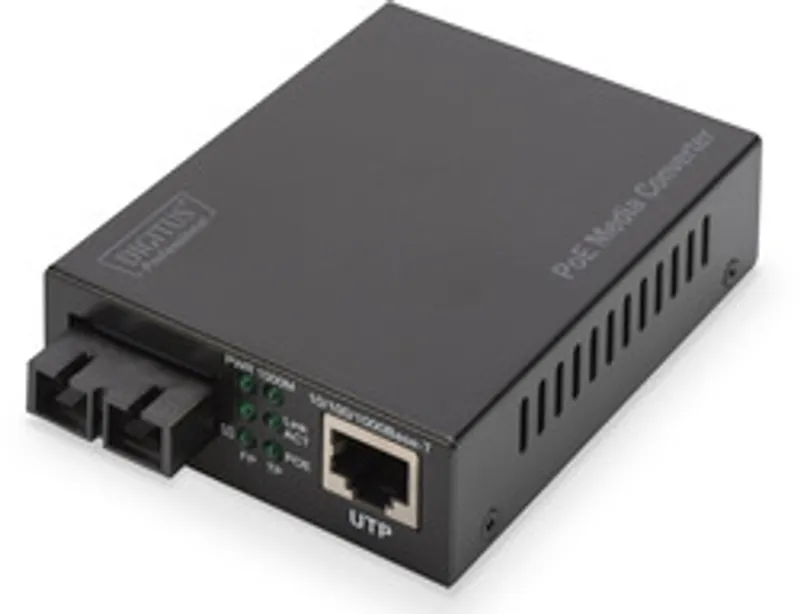 Convertitore DIGITUS Gigabit PoE con porta RJ45/SC SM PSE, dispositivo nero in metallo con LED verdi e logo Professional